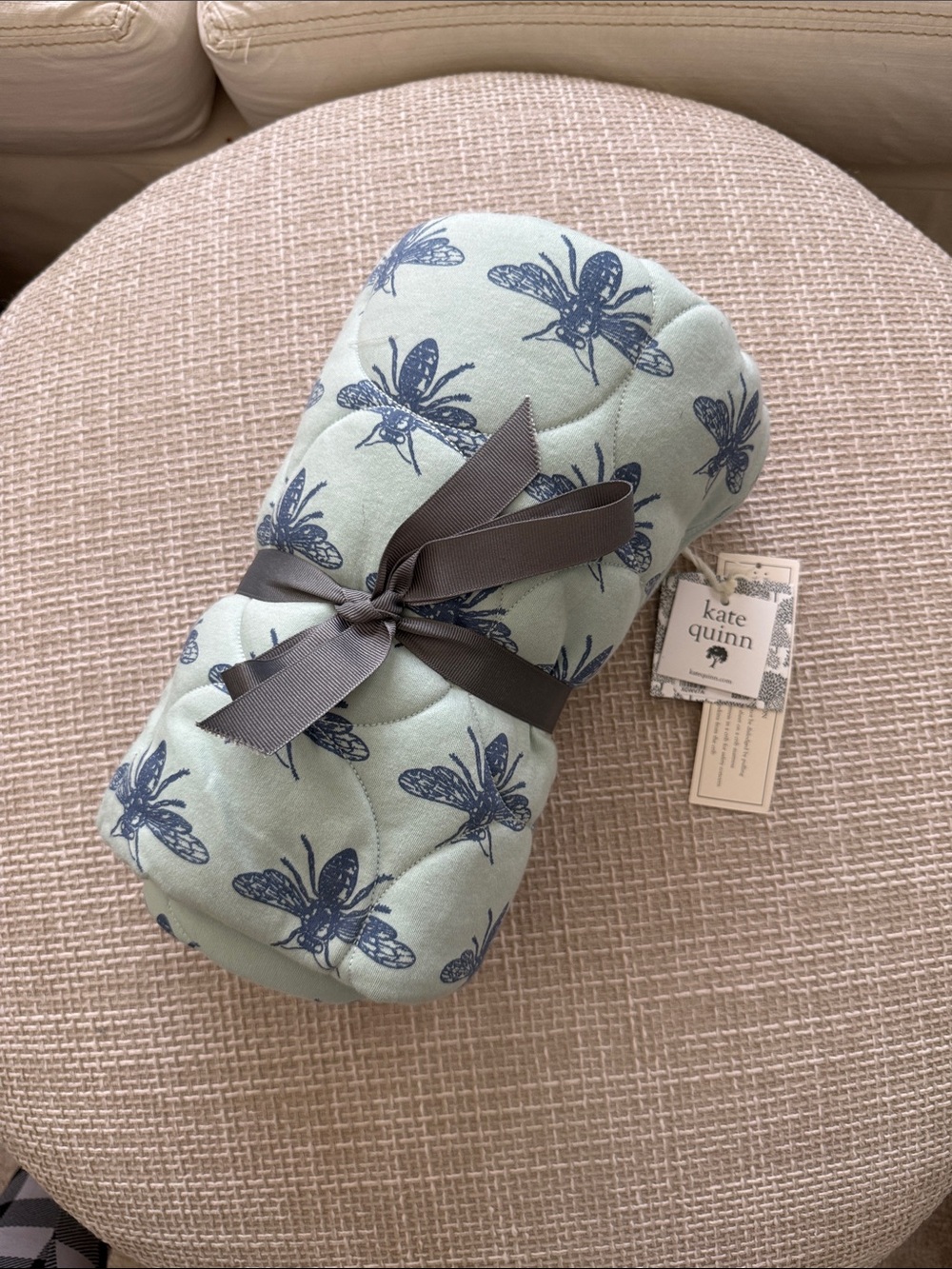 kate quinn Baby Quilted Blanket with Navy Dragonfly Print - Sage